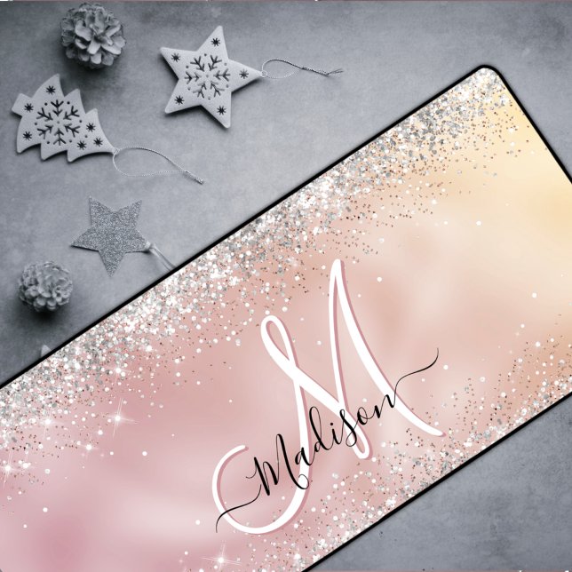 Cute rose gold faux silver glitter monogram desk mat (Creator Uploaded)