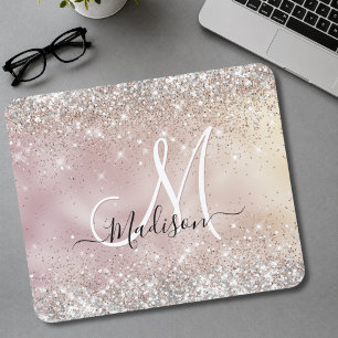 Cute rose gold faux silver glitter monogram mouse pad