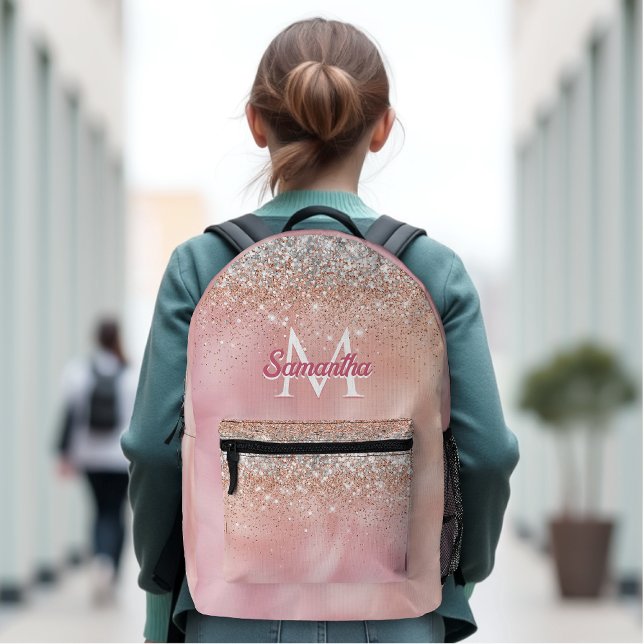 Cute rose gold faux silver glitter monogram printed backpack (Creator Uploaded)