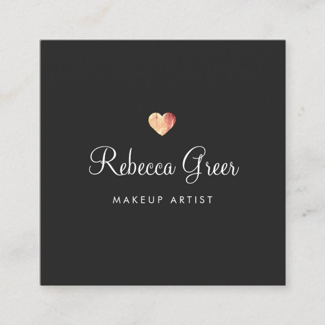 Cute Rose Gold Heart Black Beauty Consultant Square Business Card (Front)