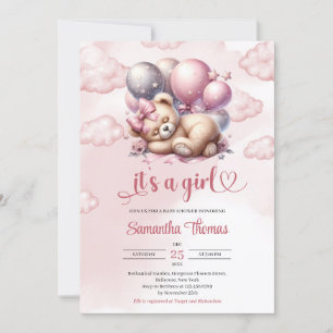 Cute rose gold it's a girl sleeping teddy bear invitation