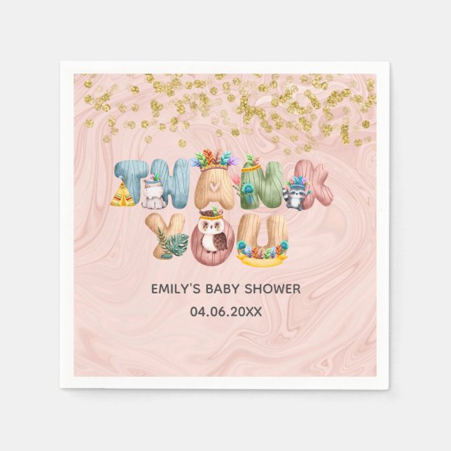 Cute Rose Gold Marble Baby Shower Animal Thank You Napkin (Front)