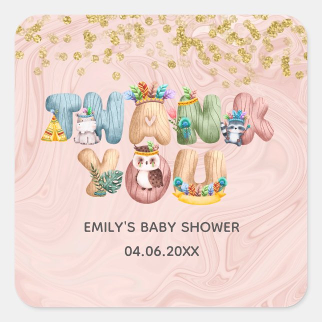Cute Rose Gold Marble Baby Shower Animal Thank You Square Sticker (Front)