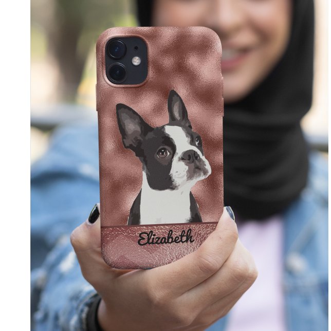 Cute Rose Gold Pink Boston Terrier Dog Pet Case-Mate iPhone Case (Adorable Boston Terrier Phone Case.)