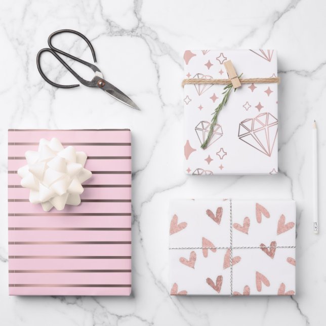 Cute rose gold & pink hearts wrapping paper sheets (Front)