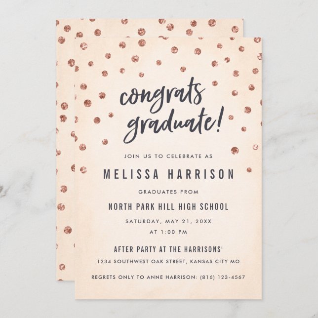 Cute Rose Gold Polka Dot Graduation Invitations (Front/Back)