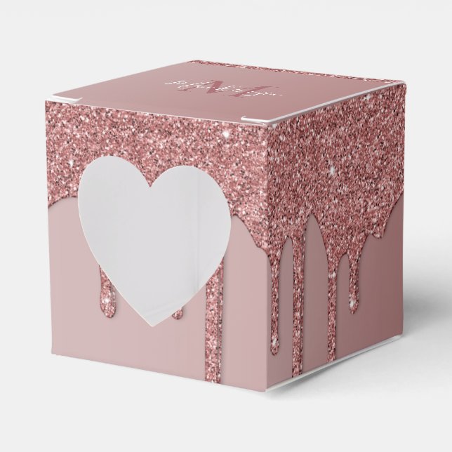 Cute Rose Gold Sparkle Glitter Drips Monogram Favour Box (Front Side)