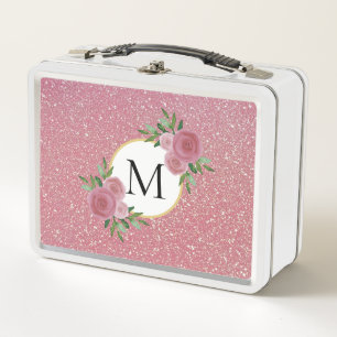 Cute Rose Gold Sparkle Pink Floral Monogram Metal Lunch Box