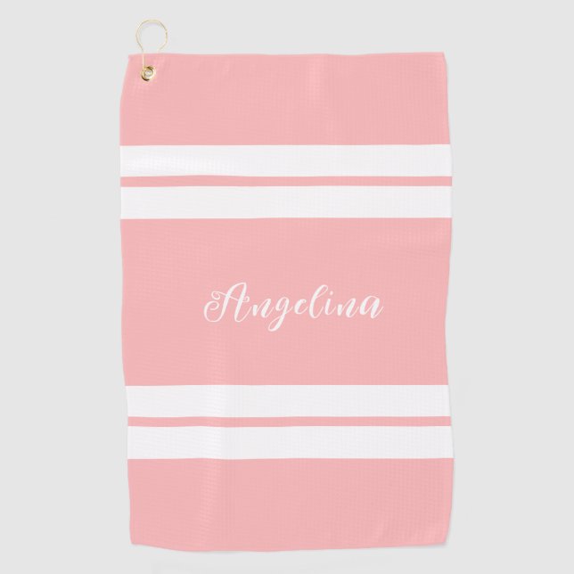 Cute Rose Gold Stripes Pattern Personalised Golf Towel (Front)