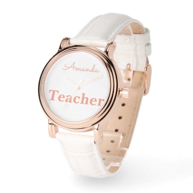 Cute Rose Gold White Teacher Personalised Name Watch (Angle)