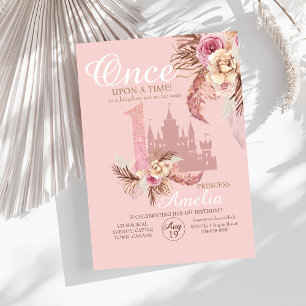 Cute Rose Pink Castle Flower Pampas 1st Birthday  Invitation