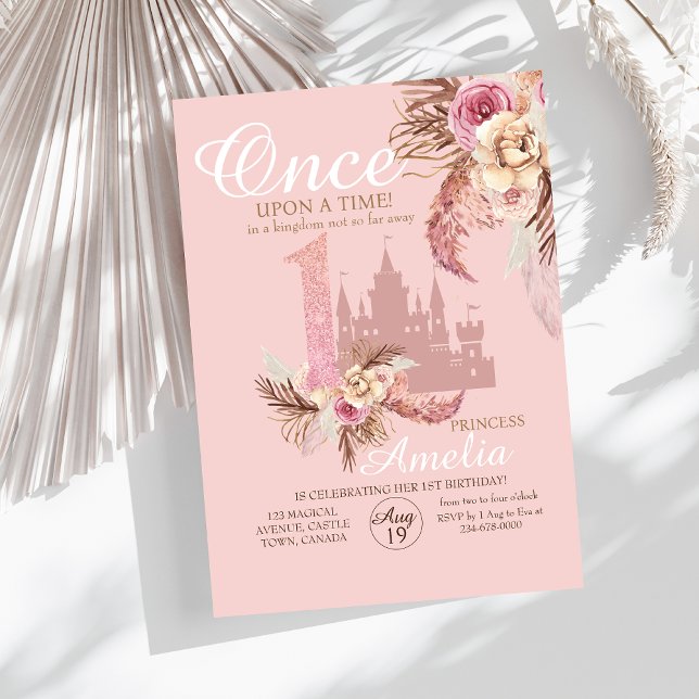 Cute Rose Pink Castle Flower Pampas 1st Birthday  Invitation (Creator Uploaded)