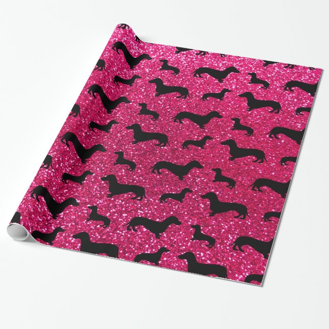 Cute rose pink dachshund glitter pattern wrapping paper (Unrolled)