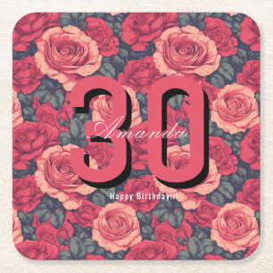 Cute Rose Themed Birthday Celebration Square Paper Coaster