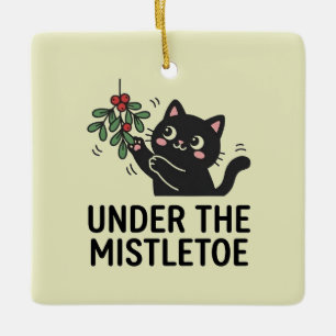 Cute Rosy Cheeks Black Cat Mistletoe Christmas Ceramic Ornament