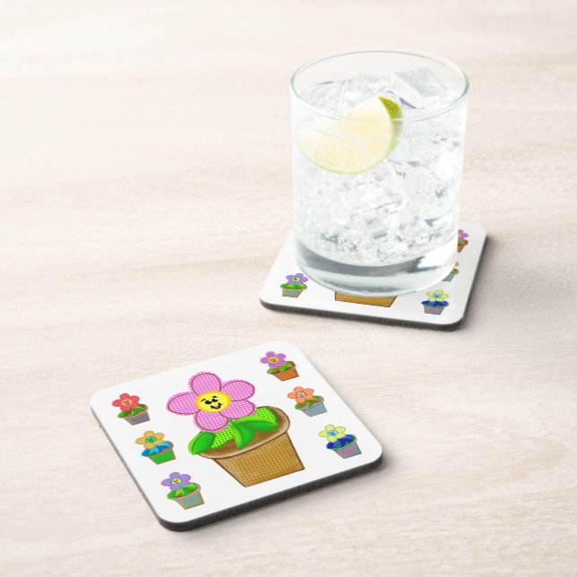 Cute Rosy Posy Potted Flowers Beverage Coasters (Right Side)