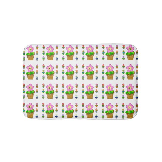 Cute Rosy Posy Potted Flowers Repeating Pattern Bath Mat (Front)