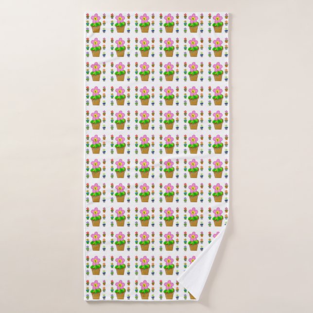Cute Rosy Posy Potted Flowers Repeating Pattern Bath Towel (Bath Towel)