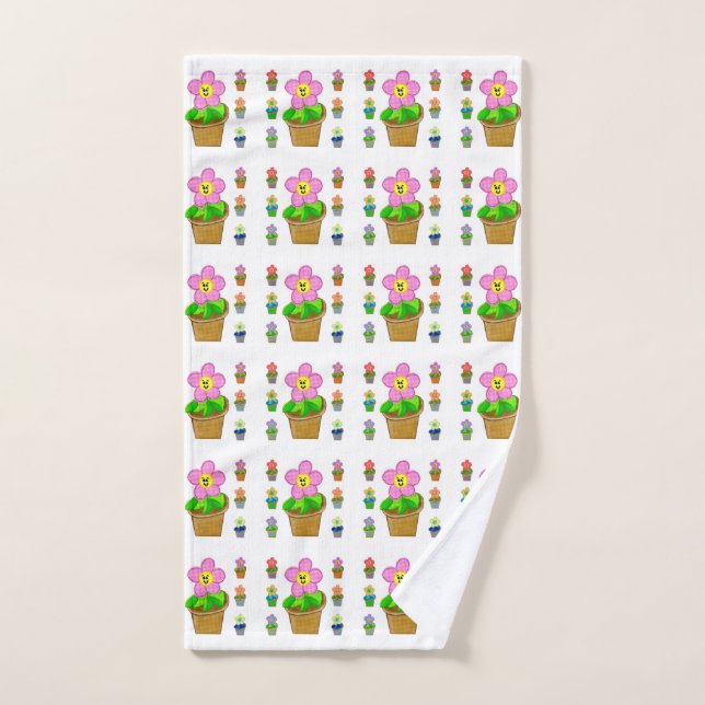 Cute Rosy Posy Potted Flowers Repeating Pattern Hand Towel (Hand Towel)