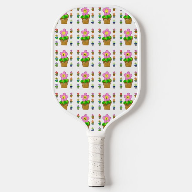 Cute Rosy Posy Potted Flowers Repeating Pattern Pickleball Paddle (Front)