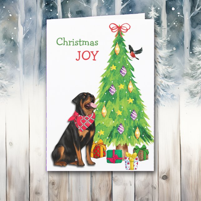 Cute Rottweiler, Bird, and Christmas Tree Holiday Card (Creator Uploaded)