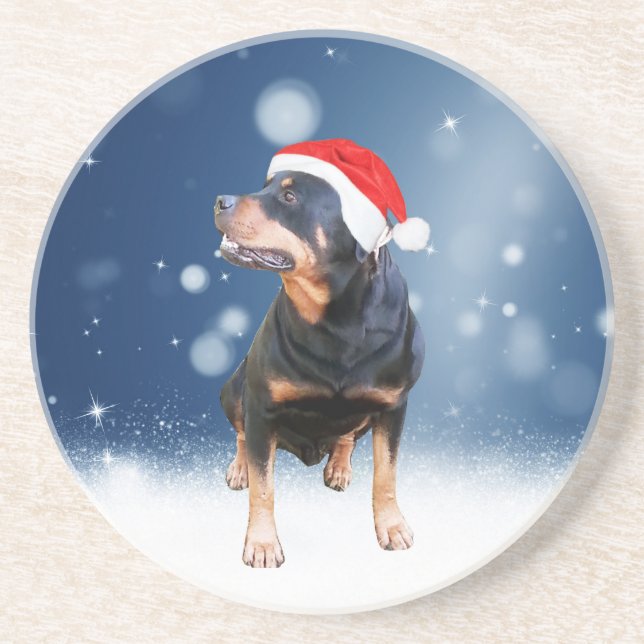 Cute Rottweiler Dog Christmas Santa Hat Snow Stars Coaster (Front)