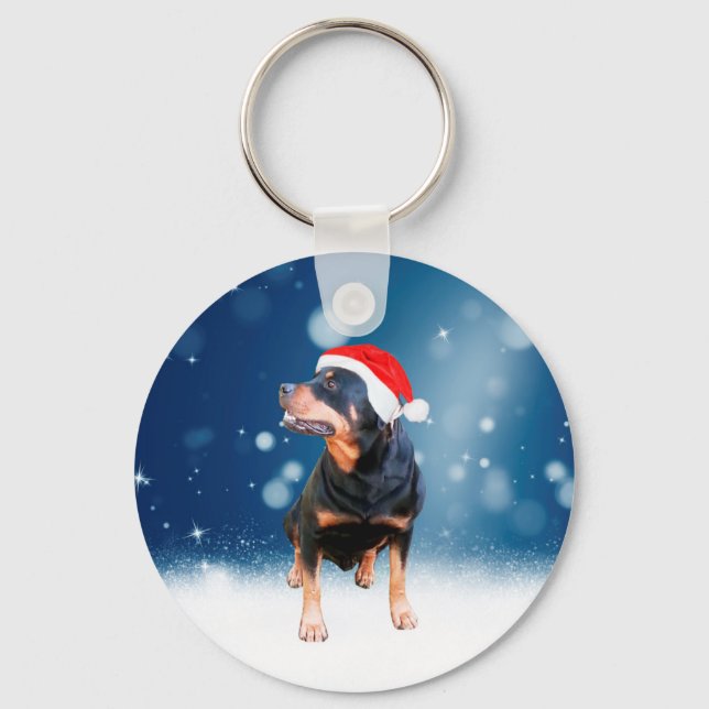Cute Rottweiler Dog Christmas Santa Hat Snow Stars Key Ring (Front)