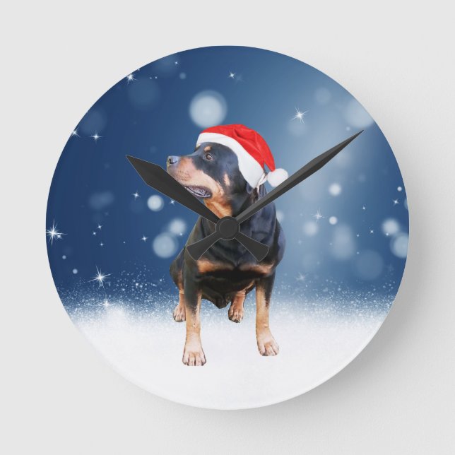 Cute Rottweiler Dog Christmas Santa Hat Snow Stars Round Clock (Front)
