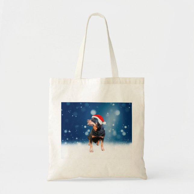 Cute Rottweiler Dog Christmas Santa Hat Snow Stars Tote Bag (Front)