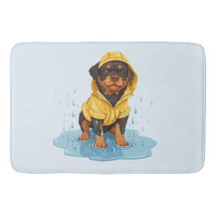Cute Rottweiler Dog Wearing Raincoat Bath Mat