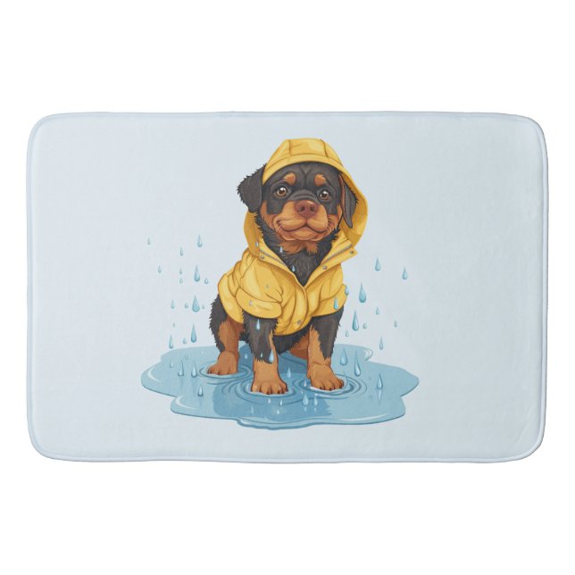 Cute Rottweiler Dog Wearing Raincoat Bath Mat (Front)
