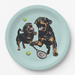 Cute Rottweiler Dogs Playing Tennis Paper Plate