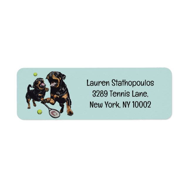 Cute Rottweiler Dogs Playing Tennis Return Address Label (Front)