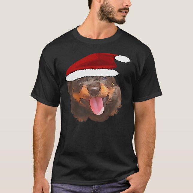 Cute Rottweiler Pup Wearing Holiday Santa Hat T-Shirt (Front)