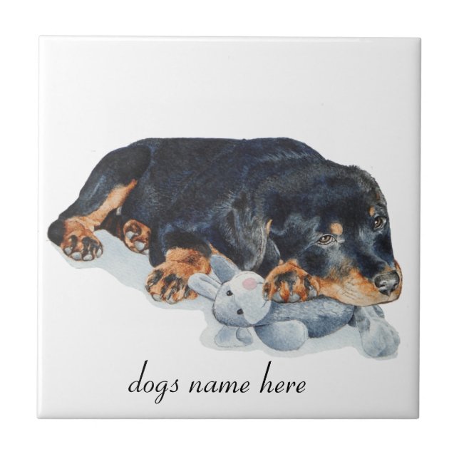 cute rottweiler puppy dog cuddling teddy bear art ceramic tile (Front)