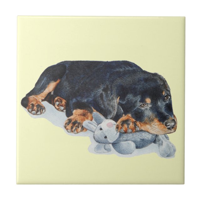 cute rottweiler puppy dog cuddling teddy bear art ceramic tile (Front)