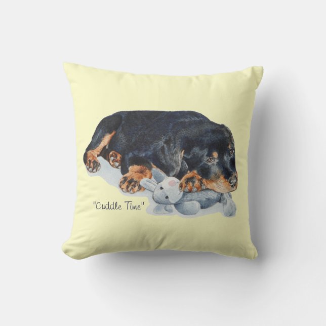 cute rottweiler puppy dog cuddling teddy bear art cushion (Front)