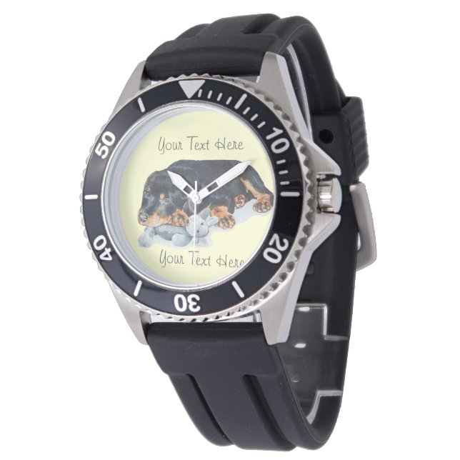 cute rottweiler puppy dog cuddling teddy bear art watch (Angled)