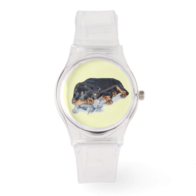 cute rottweiler puppy dog cuddling teddy bear art watch (Front)