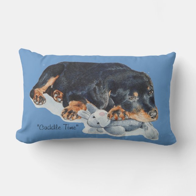 cute rottweiler puppy dog cuddling teddy bear lumbar cushion (Front)