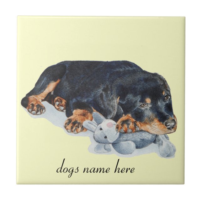 cute rottweiler puppy dog cuddling teddy bear tile (Front)