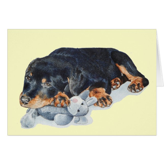 cute rottweiler puppy dog cuddling teddy blank (Front Horizontal)
