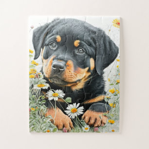 Cute Rottweiler Puppy Dog Watercolor Floral Jigsaw Puzzle