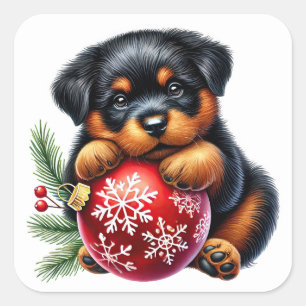 Cute Rottweiler Puppy Enjoys Christmas Celebration Square Sticker