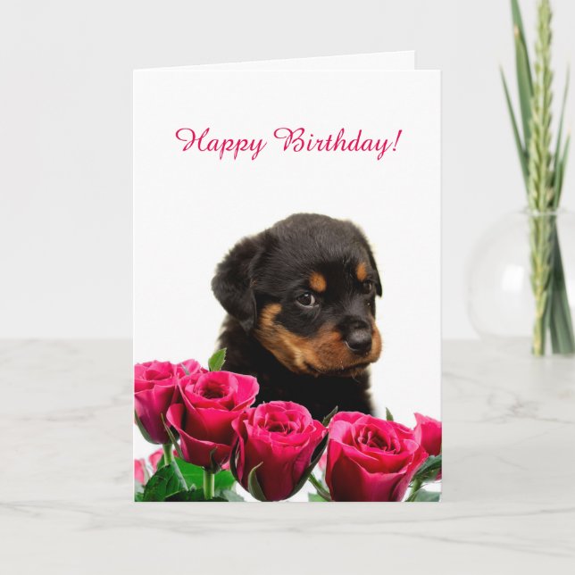 Cute Rottweiler Puppy Red Roses Happy Birthday Card (Front)
