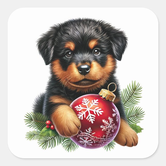 Cute Rottweiler Puppy With Christmas Ornament Square Sticker (Front)