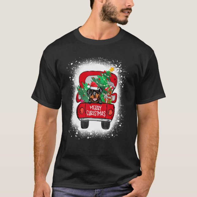 Cute Rottweiler Red Truck Merry Christmas Bleached T-Shirt (Front)