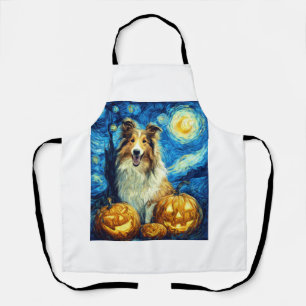 Cute Rough Collie Dog Halloween Jack O Lantern Pum Apron