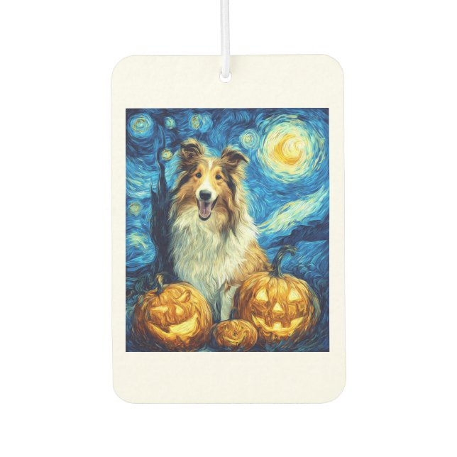 Cute Rough Collie Dog Halloween Jack O Lantern Pum Car Air Freshener (Front)