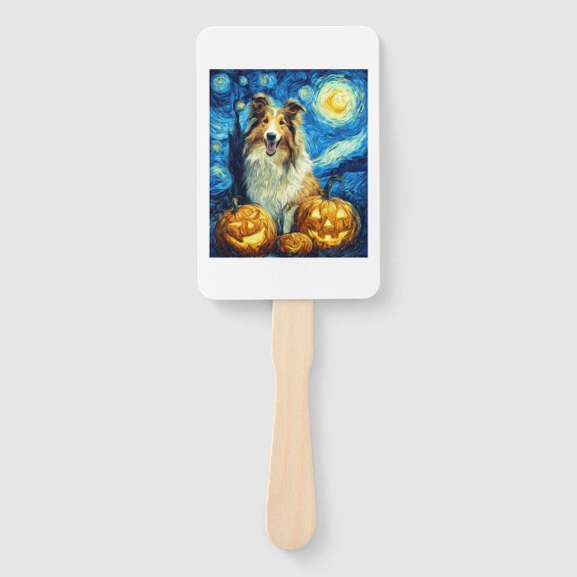 Cute Rough Collie Dog Halloween Jack O Lantern Pum Hand Fan (Front)
